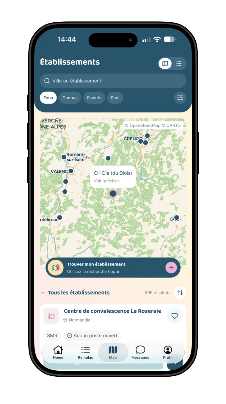 Carte des établissements dans l'app Hoppi